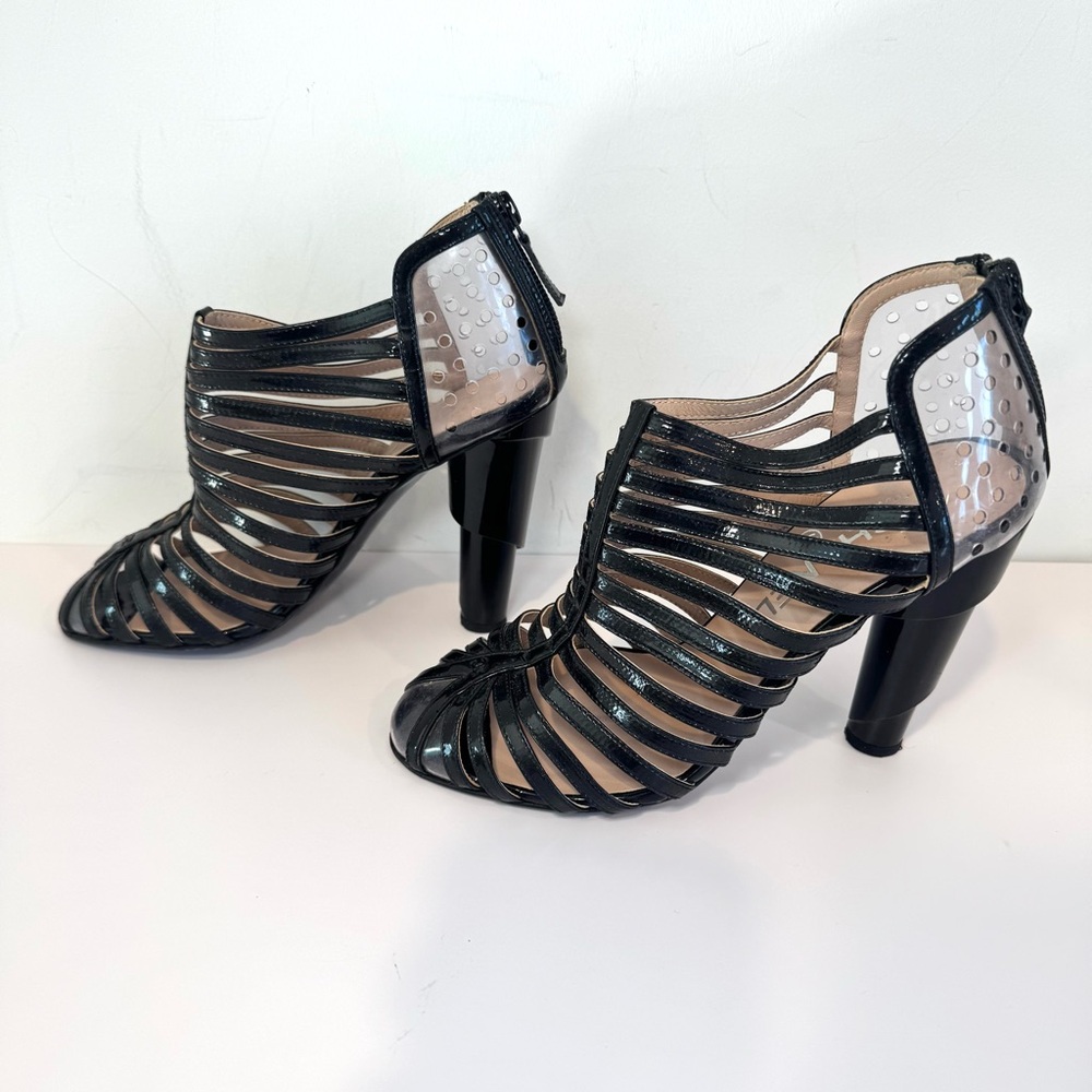 Chanel Black Patent Leather & Clear PVC Cage Block Heel Pumps W CC Logo, Sz 38 - Picture 3 of 13
